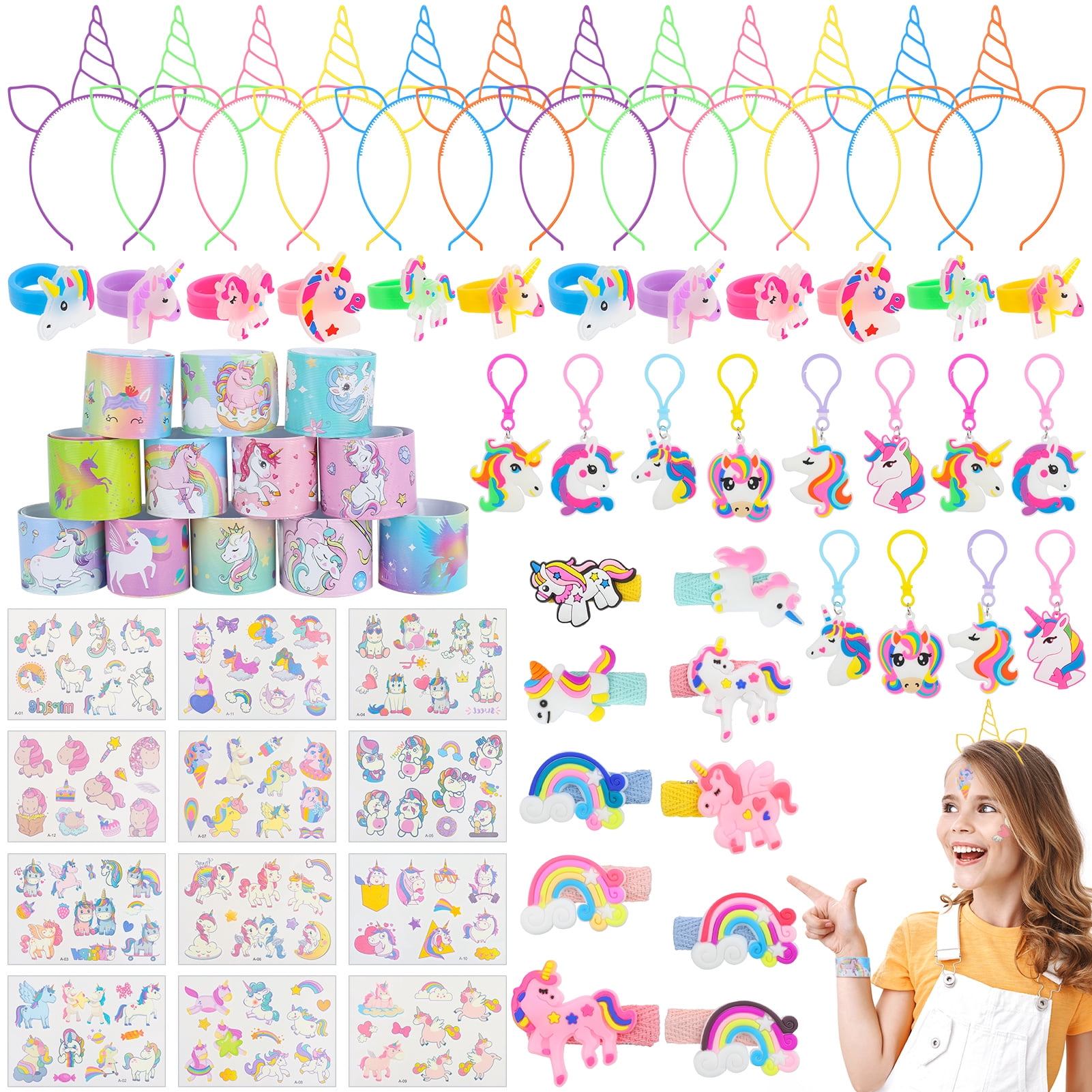 Bocaoying 71 Pcs Pegasus Party Favor for Kids, Pegasus Birthday Party Supplies, Include Pegasus Headbands, Pegasus Slap Bracelets, Temporary Tattoos, Keyrings, Rings, Hair Clips for Kid Girl