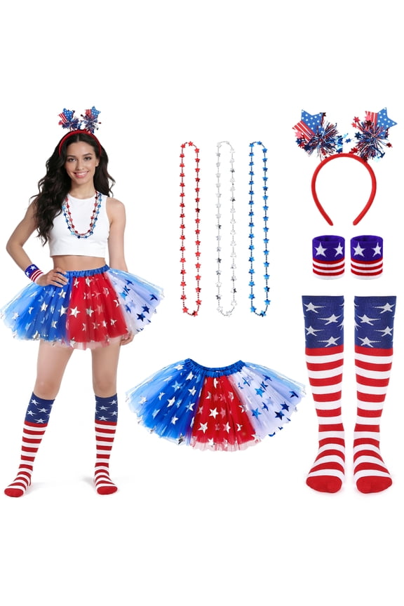 7Pcs Patriotic Tutu Set for Women, 4th of July Tutu Dress with Headband, Beaded Necklace, Red White Blue Patriotic Tulle Skirt, Independence Day Party Outfit for BBQ, Parade