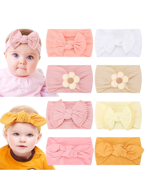 8 Pack Baby Girls Headbands with Bows, Soft Elastic Baby Hair Bows for Newborn Infant Toddler, 4 Styles, Wide Band 5.5-7", Ideal for Newborn Photoshoot & Baby Shower Gift