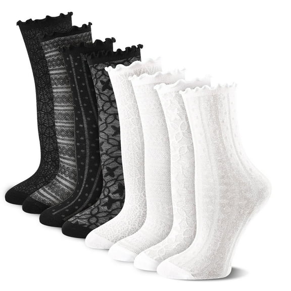 Bocaoying 8 Pack Womens Ruffle Socks, Retro Scrunch Short Socks, Black and White Crew Slouch Socks, Summer Ultra Thin Cool Frilly Ankle Lace  Socks for Women Girls, US Size 5.5-8