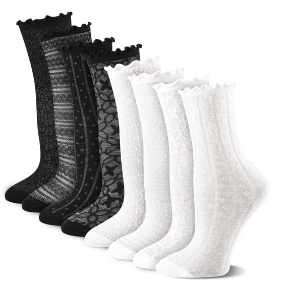 Bocaoying 8 Pack Womens Ruffle Socks, Retro Scrunch Short Socks, Black and White Crew Slouch Socks, Summer Ultra Thin Cool Frilly Ankle Lace Socks for Women Girls, US Size 5.5-8