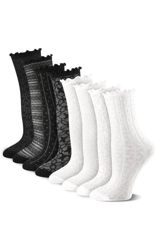 8 Pack Womens Ruffle Socks, Retro Scrunch Short Socks, Black and White Crew Slouch Socks, Summer Ultra Thin Cool Frilly Ankle Lace Socks for Women Girls, US Size 5.5-8