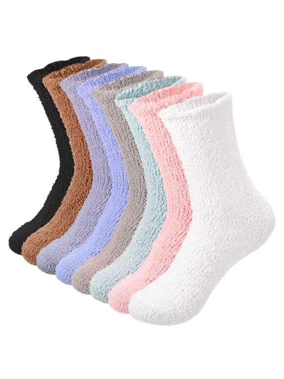 8 Pair Fuzzy Socks for Women,Soft Warm Floor Coral Fleece Sock,Premium Microfiber Plush Slipper Sock for Sleeping,Lounging and Gifts,Size 5-9, Black/White/Grey/Pink/ Blue/Khaki/Green/Brown