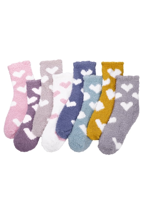 8 Pair Women's Fuzzy Socks, Plush Slipper Socks for Women, Cute MultiColor Holiday Socks, Soft Warm Premium Microfiber Heart Design Socks for Sleeping, Lounging and Gifts, Size 6-10