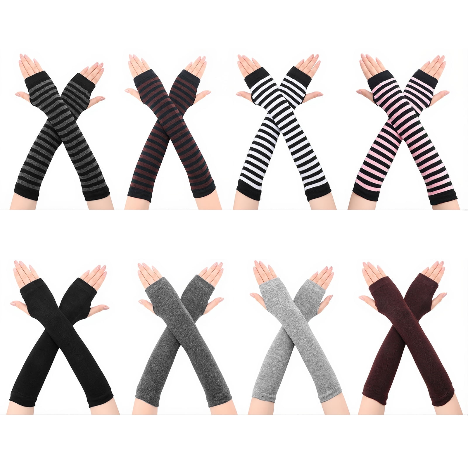 BOCAOYING 8 Pairs Arm Warmers For Women, 13 inches Fingerless Gloves, Long Gloves Winter Mittens Length Knitted Arm Warmers, Striped Arm Warmers for Women Girls
