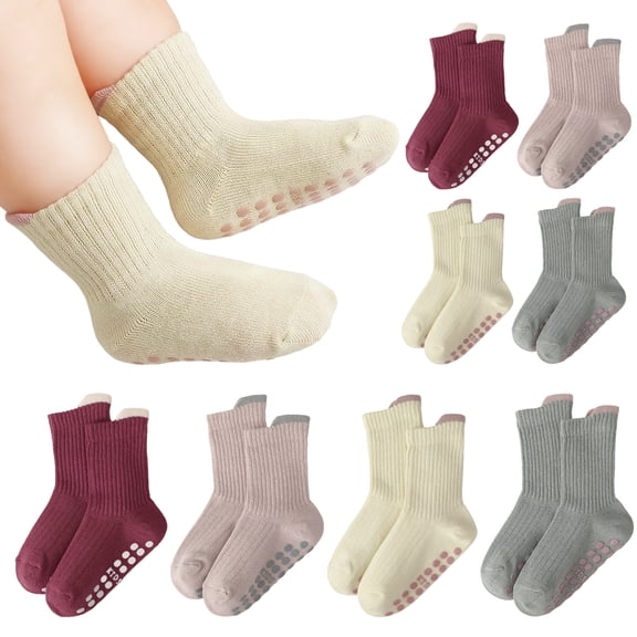 Bocaoying 8 Pairs Baby Non Slip Socks, 1-3 Toddler Crew Socks, 80% Combed Cotton Anti Skid Soles & Heel Pull Tab 4-Color Socks Gift Set