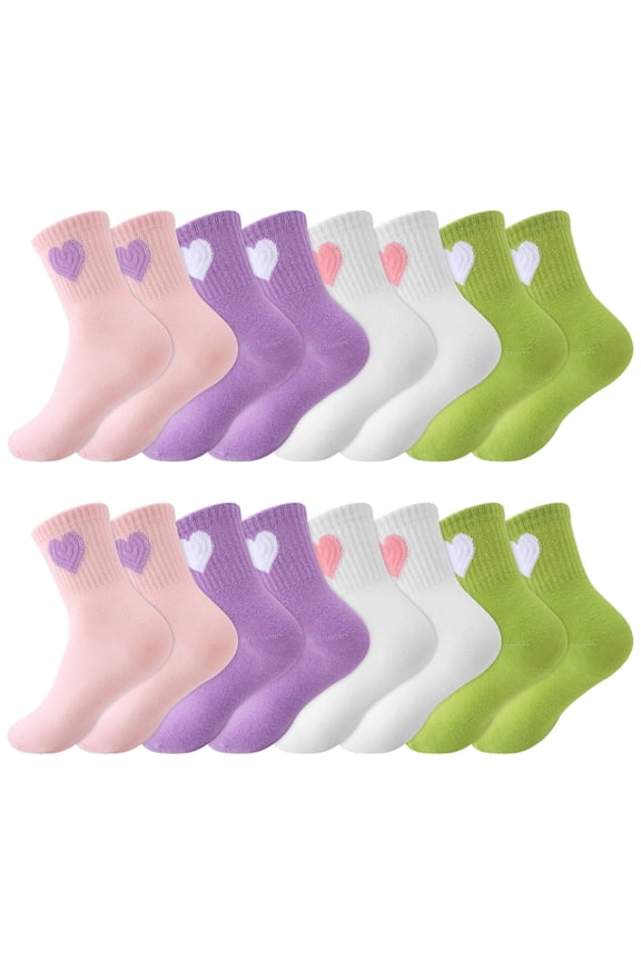 Girls Cotton Athletic Crew Socks, Cute Heart Patterns, 8 Pairs, Ages 3-12