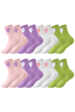 Girls Cotton Athletic Crew Socks, Cute Heart Patterns, 8 Pairs, Ages 3-12