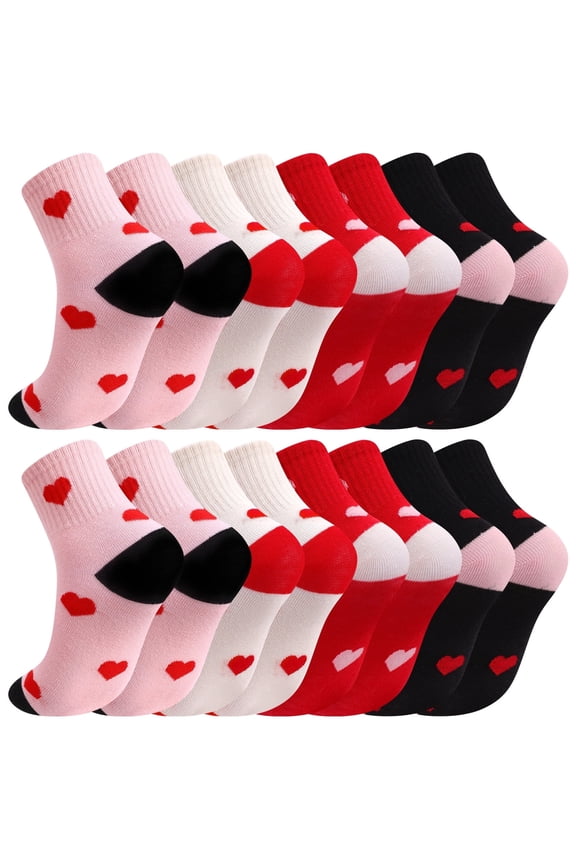 8 Pairs Girl Crew Athletic Socks, Cotton Socks with Multicolor Hearts Cartoon Patterns for Kids Running Sport Indoor Outdoor
