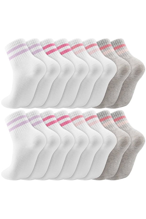 Girl Cotton Athletic Crew Socks, Retro Stripe Patterns, 8 Pairs, Ages 3-12