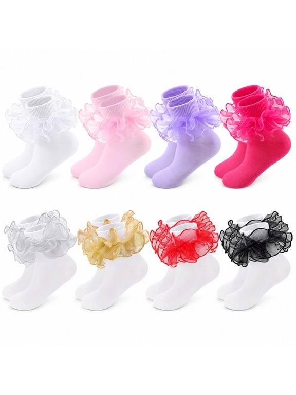 8 Pairs Ruffle Lace Socks for Toddler Girls Soft Cotton, 8 Assorted Colors, Ballet, Dance, Birthday Gift 3T-5T