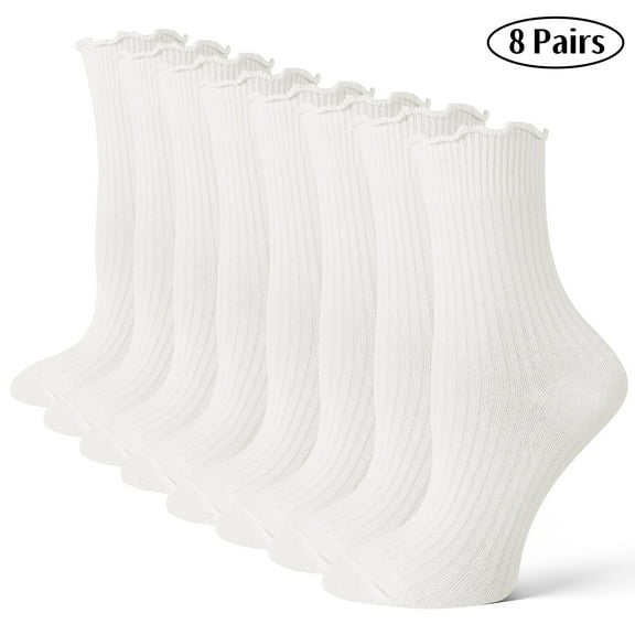 Bocaoying 8 Pairs Womens Ruffle Socks, Cute Turn-Cuff Casual Ankle Dress Socks, White Crew Frilly Sock Size 5.5-8