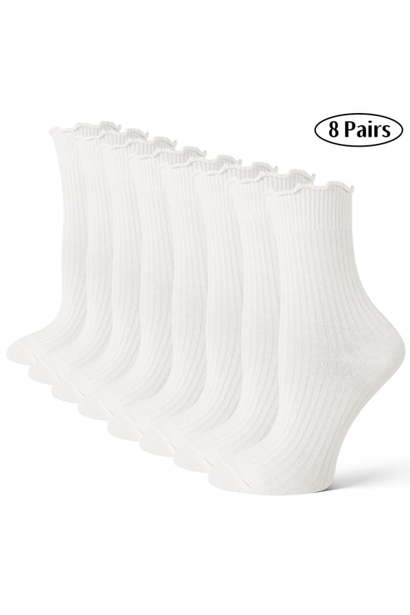 8 Pairs Womens Ruffle Socks, Cute Turn-Cuff Casual Ankle Dress Socks, White Crew Frilly Sock Size 5.5-8