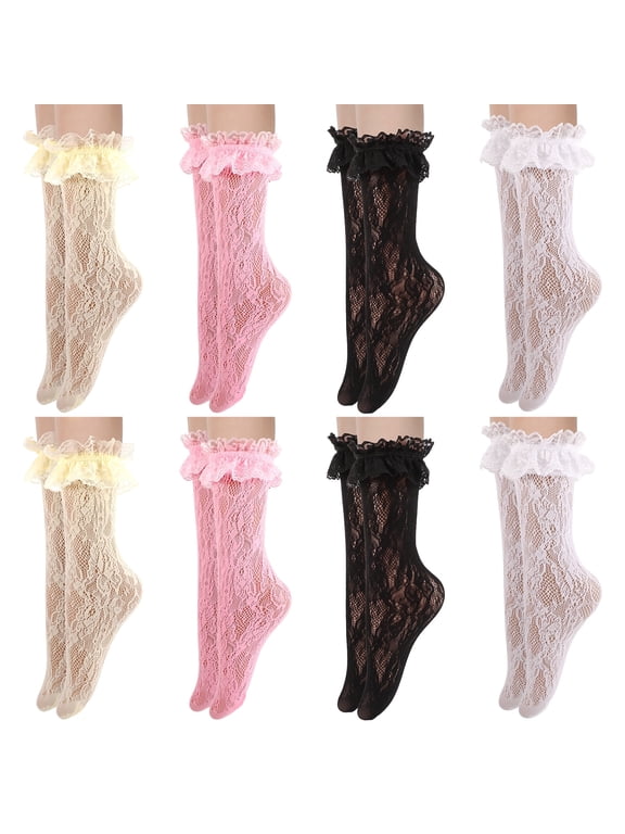 8 Pairs Women Lace Ruffle Socks, Sheer Nylon Frilly Ankle Socks, Sweet Breathable Lettuce Socks for Lolita, Mary Janes (US 5-8)