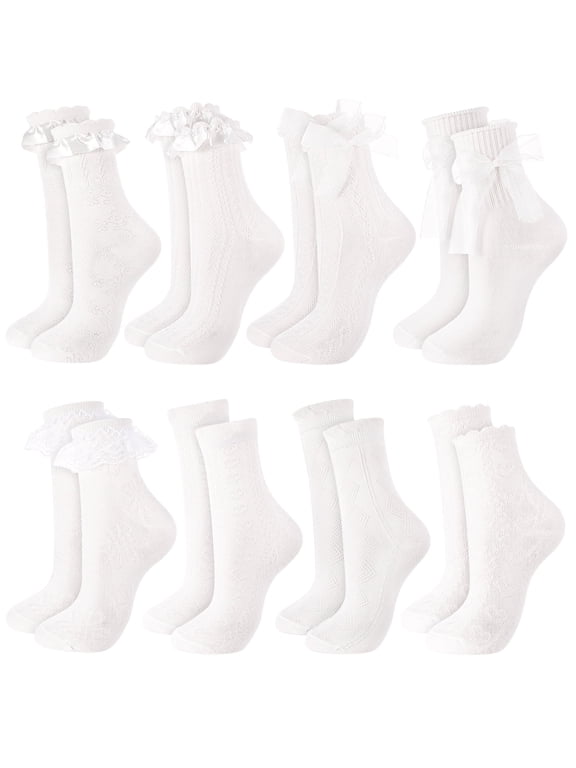 8 Pairs Women's Lace Ankle Socks, White Frilly Cute Lettuces Socks Sheer Socks for Women with Bow & Heart, Sweet Lolita Thin Casual Socks, Y2K Styles Casual Socks for Daily Wear, 5-10