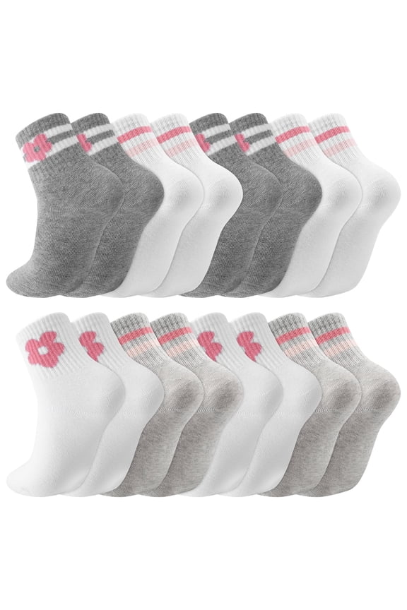 Girls Cotton Athletic Crew Socks, Retro Stripes & Flower Patterns, 8 Pairs, Ages 6-12