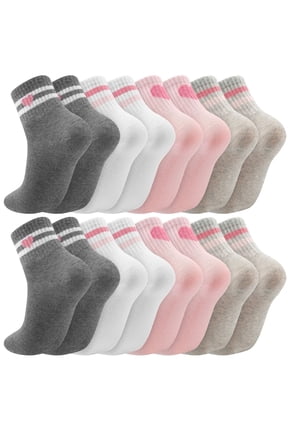 Girls Cotton Athletic Crew Socks, Retro Stripes Hearts & Cartoon Designs, 8 Pairs, Ages 6-12