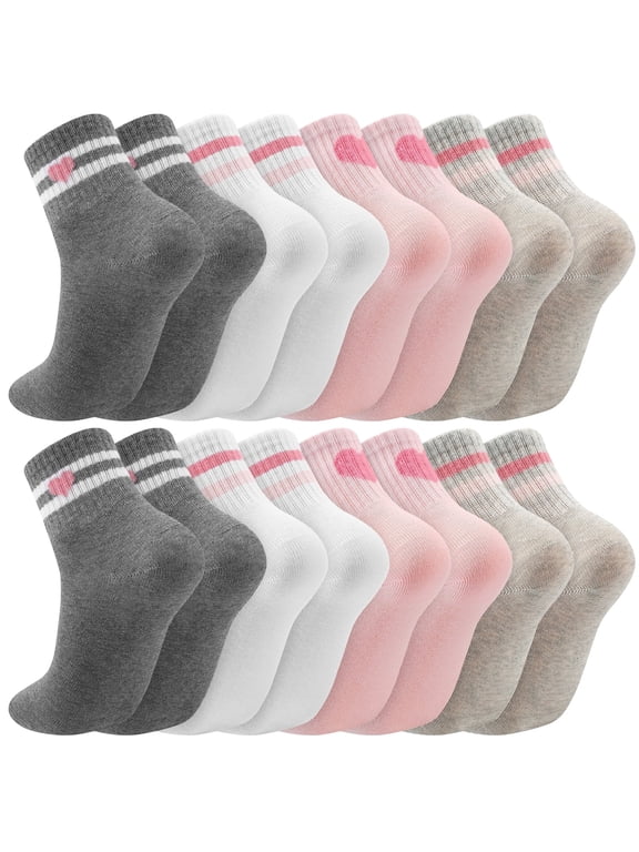 Girls Cotton Athletic Crew Socks, Retro Stripes Hearts & Cartoon Designs, 8 Pairs, Ages 6-12