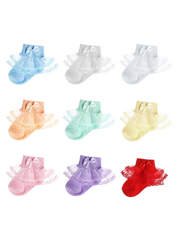 9 Pack Girls Lace Socks - Ruffle Frilly Ankle Socks with Bowknot, Cotton Princess Crew Socks for 4-6 Years Toddler & Big Girls