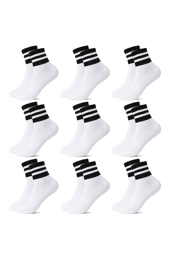 9 Pack Womens White Crew Socks, Retro Breathable Striped Cotton Socks - Stretchy Casual and Athleisure Sock for Running, Tennis, Walking, Biking, Working out, Size 5-10