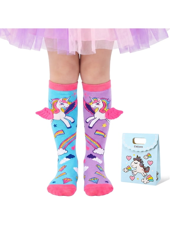 Christmas Crazy Socks for Girls Kids, Unicorn Funny 3D Print Knee High Holiday Stockings with Christmas Gift Bag, Holiday Stocking Stuffers Ages 6-12