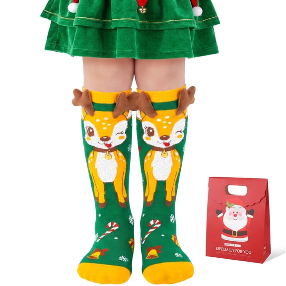 Bocaoying Christmas Crazy Socks for Girls Kids, Reindeer Funny 3D Print Knee High Holiday Stockings with Christmas Gift Bag, Holiday Stocking Stuffers Ages 6-12