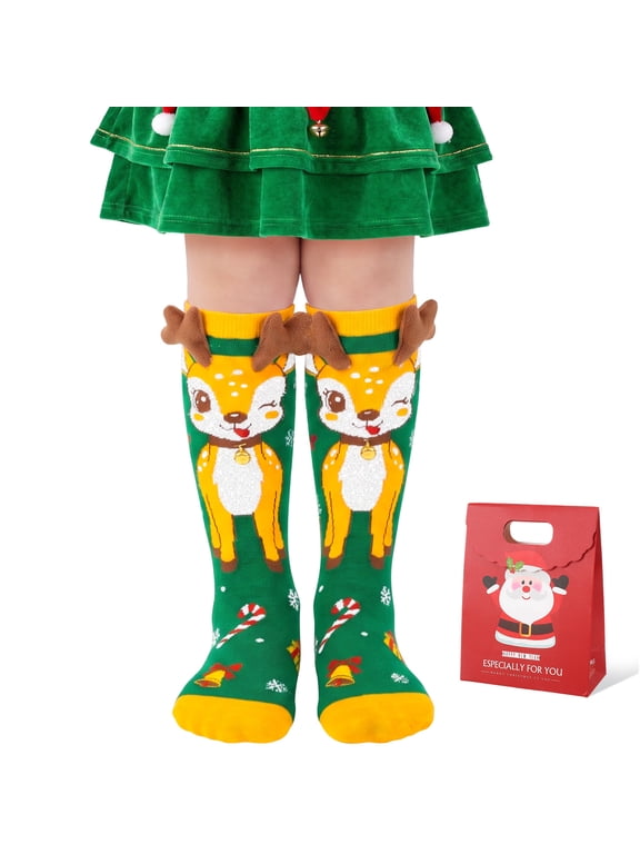 Christmas Crazy Socks for Girls Kids, Reindeer Funny 3D Print Knee High Holiday Stockings with Christmas Gift Bag, Holiday Stocking Stuffers Ages 6-12