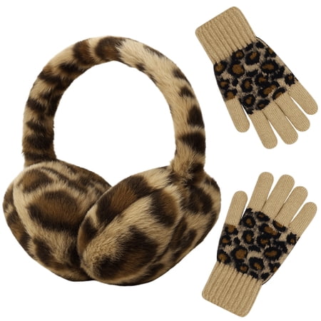 Bocaoying Winter Ear Muffs Gloves Set for Women, Adjustable Leopard Faux Furry Earmuffs, Ear Warmers Headband for Cold Weather, Warm Soft Winter Gloves for Skiing Cycling Hiking Running