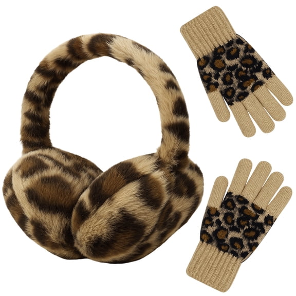 Bocaoying Winter Ear Muffs Gloves Set for Women, Adjustable Leopard Faux Furry Earmuffs, Ear Warmers Headband for Cold Weather, Warm Soft Winter Gloves for Skiing Cycling Hiking Running