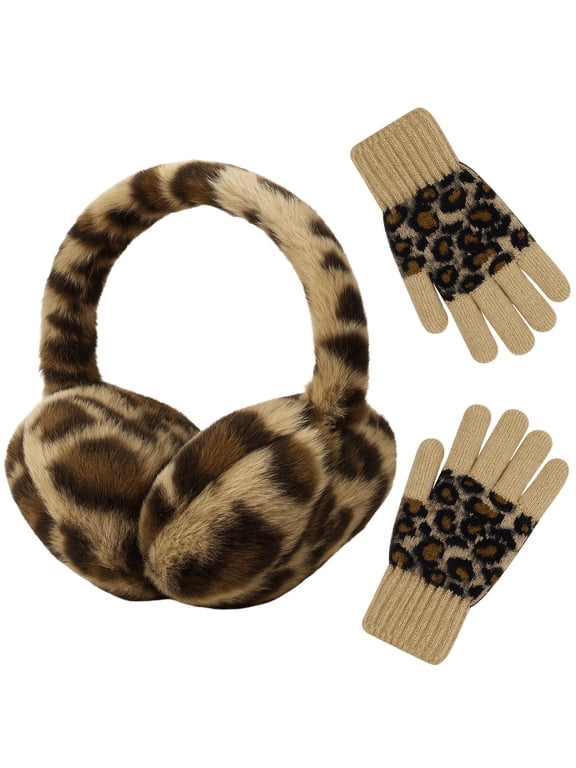 Winter Ear Muffs Gloves Set for Women, Adjustable Leopard Faux Furry Earmuffs, Ear Warmers Headband for Cold Weather, Warm Soft Winter Gloves for Skiing Cycling Hiking Running