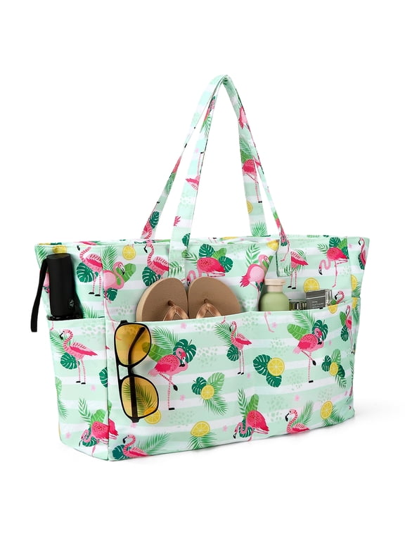 Flamingo Pattern Water-Resistant Beach Tote Bags, Large Sand-Proof Family Travel Tote, Waterproof Pool Bag with Inner Zipper Pocket for Beach, Swimming, and Travel