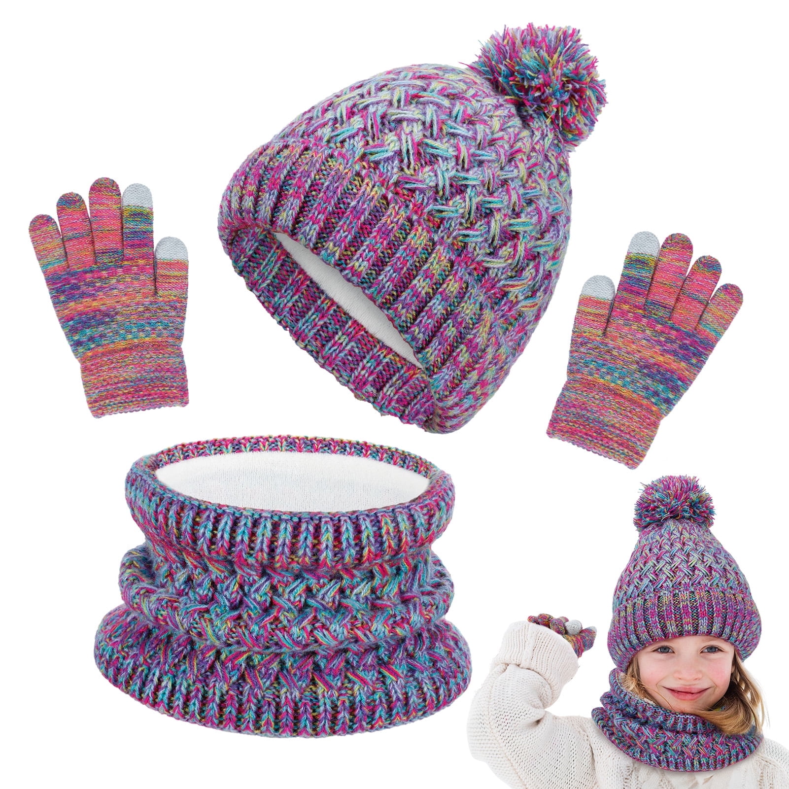 Bocaoying Girls Winter Hat Gloves Scarf Set, Kids Winter 