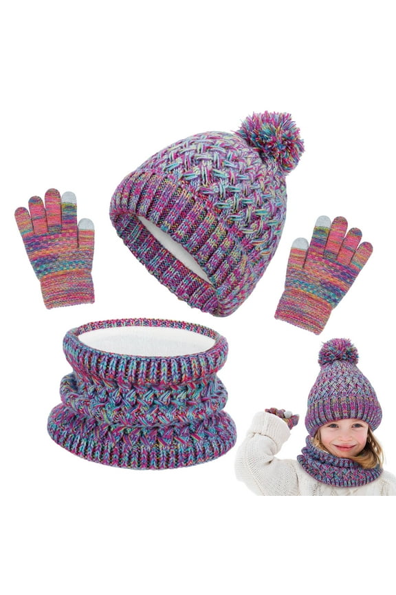 Girls Winter Hat Gloves Scarf Set, Kids Winter Beanie Hat Scarf Gloves Set, Toddler Warm Hats Beanie with Pom Knit Neck Warmer Gaiter Mittens Fleece Lined Set Aged 1-6