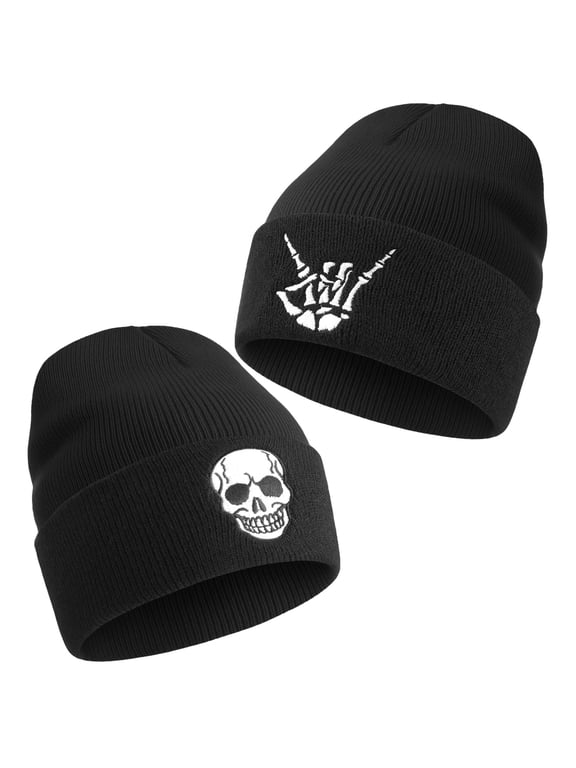 Skull Knit Beanie Hat for Men Women, Gothic Emo Winter Cuffed Cap Knit Capped Winter Hat, Skeleton Gift for Cool Teens