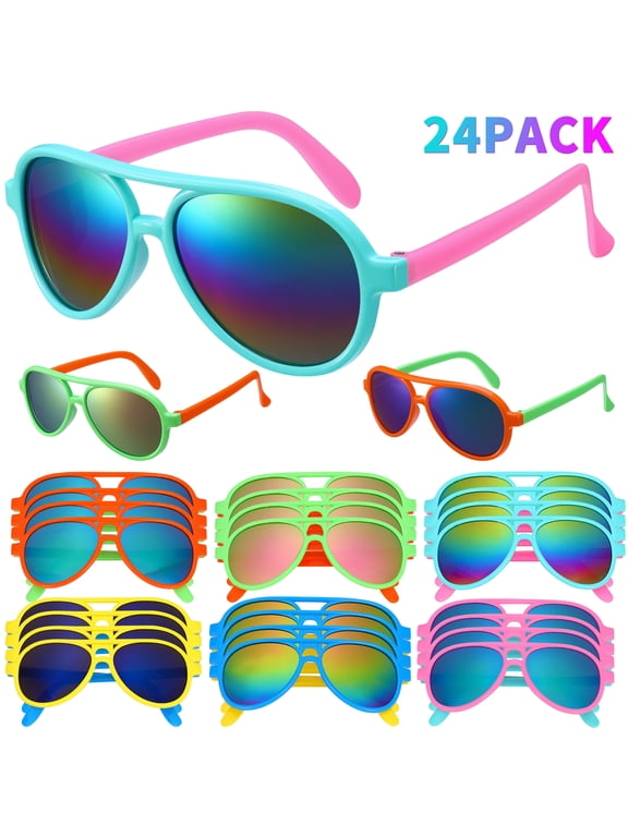 Kids Sunglasses Party Favor, Kids Sunglasses Bulk, 24 Pack Neon Sunglasses for Kids, Boys and Girls Age 3-7, Beach Pool Birthday Party Supplies, Goody Bag Favor