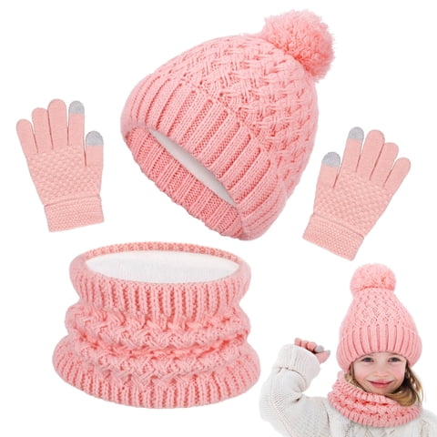 Kids Winter Hat Gloves Scarf Set, Girls Toddler Children Hats Beanie with Pom Knit Neck Warmer Gaiter Mittens Fleece Lined Set, Kids Aged 1-6