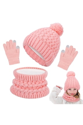 Kids Winter Hat Gloves Scarf Set, Girls Toddler Children Hats Beanie with Pom Knit Neck Warmer Gaiter Mittens Fleece Lined Set, Kids Aged 1-6