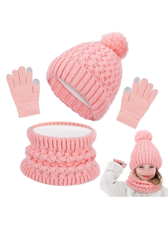 Kids Winter Hat Gloves Scarf Set, Girls Toddler Children Hats Beanie with Pom Knit Neck Warmer Gaiter Mittens Fleece Lined Set, Kids Aged 1-6