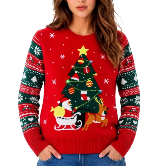 Bocaoying LED Light Up Christmas Sweater for Women Men Couples Kids, Funny Reindeer Holiday Pullover with 3 Flashing Lights, Unisex Xmas Party Tops for Adults
