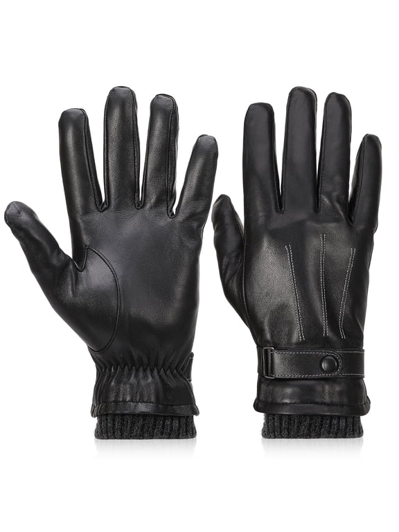 Men's Winter Sheepskin Leather Gloves, Ribbed Non-Slip Cuffs Warm Gloves with Buckle Design, Touchscreen Driving Gloves for Motorcycle or Sports, Black/M