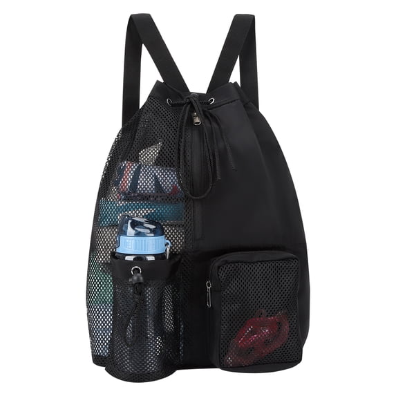 Bocaoying Mesh Drawstring Swim Backpack, Quick-Dry Sand-Free Beach Bag, Lightweight Gym Sack with Pockets, Black