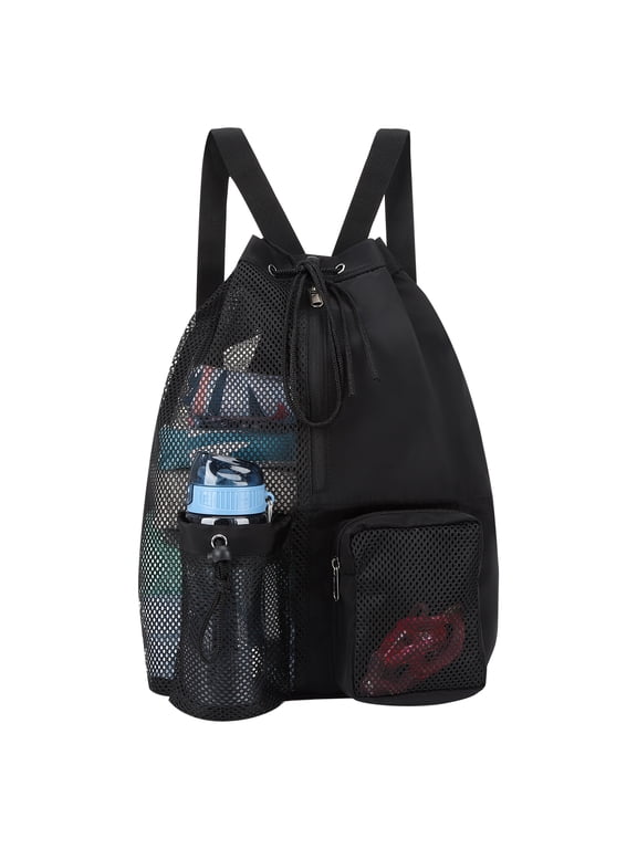 Mesh Drawstring Swim Backpack, Quick-Dry Sand-Free Beach Bag, Lightweight Gym Sack with Pockets, Black