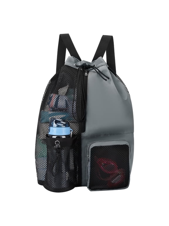Mesh Drawstring Swim Backpack, Quick-Drying Beach Bag for Swimming & Gym Workout, Gray