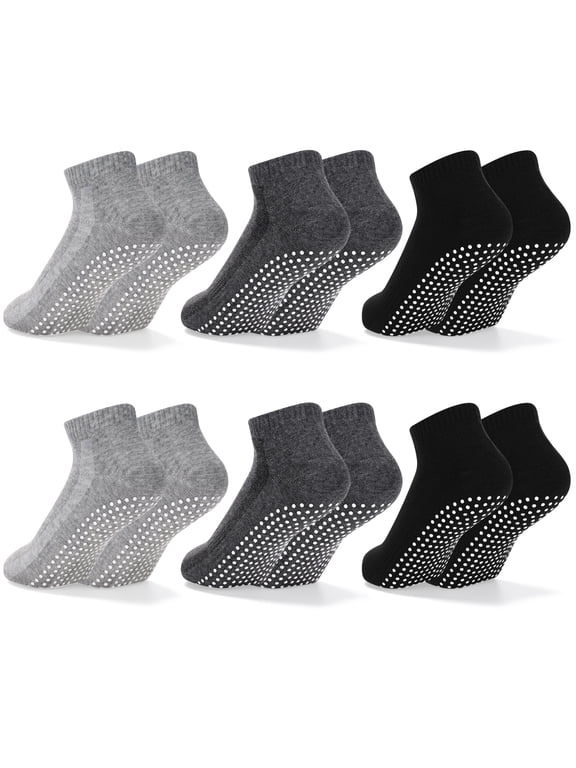6 Pairs Non Slip Socks with Grip, Anti Slip Socks with Cushion, Full Toe Ankle Fall Prevention Socks with Grip, Non Skid Socks for Yoga,Pilates,Dance,Ballet, 3 Colors Unisex
