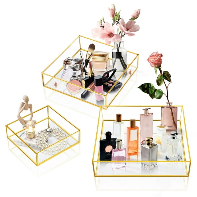 Bocaoying Set of 3 Mirrored Vanity Tray, Gold Perfume Tray for Dresser