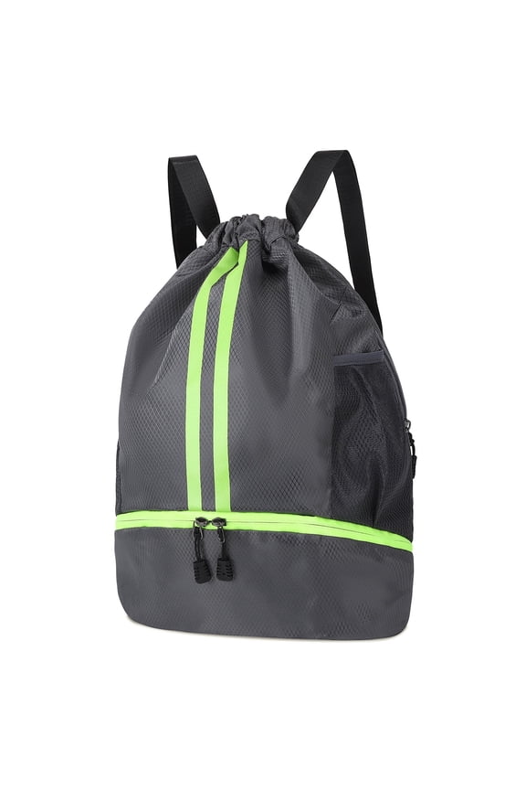3-Compartment Sports Drawstring Backpack, Water-Resistant Gym Bag with Wet/Dry Separation, Side Pockets & Zipper Pocket, Lightweight Swim Soccer Basketball Sack