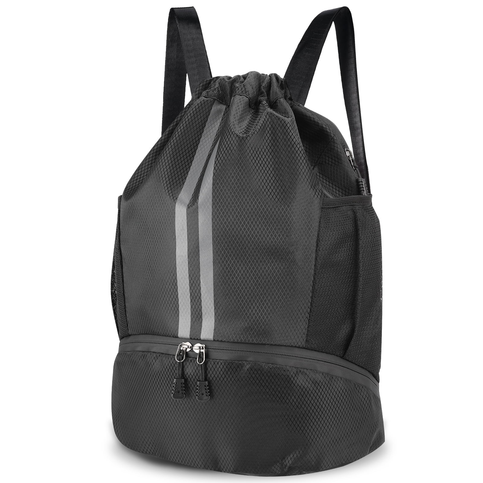 3-Compartment Sports Drawstring Backpack, Water-Resistant Gym Bag with Wet/Dry Separation, Side Pockets & Zipper Pocket, Lightweight Swim Soccer Basketball Sack