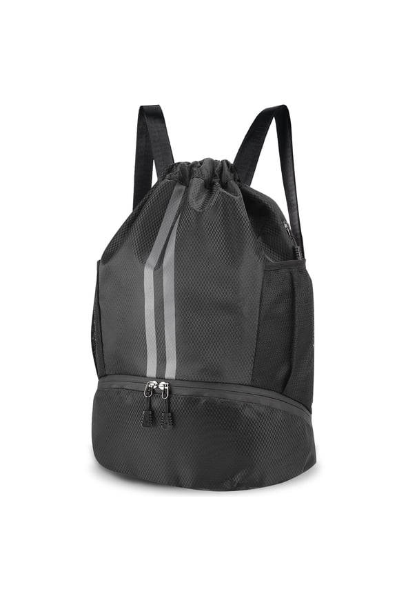 3-Compartment Sports Drawstring Backpack, Water-Resistant Gym Bag with Wet/Dry Separation, Side Pockets & Zipper Pocket, Lightweight Swim Soccer Basketball Sack