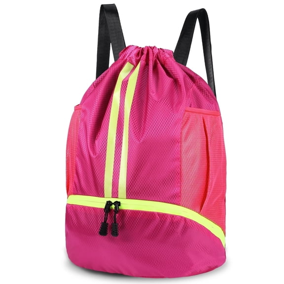 Bocaoying 3-Compartment Sports Drawstring Backpack, Water-Resistant Gym Bag with Wet/Dry Separation, Side Pockets & Zipper Pocket, Lightweight Swim Soccer Basketball Sack