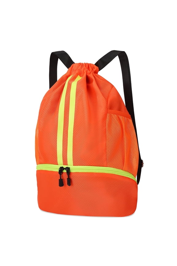 3-Compartment Sports Drawstring Backpack, Water-Resistant Gym Bag with Wet/Dry Separation, Side Pockets & Zipper Pocket, Lightweight Swim Soccer Basketball Sack
